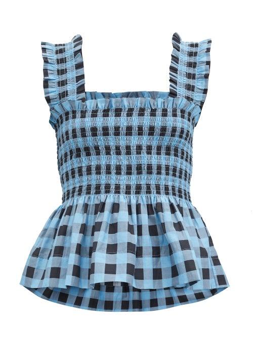 Matchesfashion.com Ganni - Shirred Gingham Top - Womens - Blue