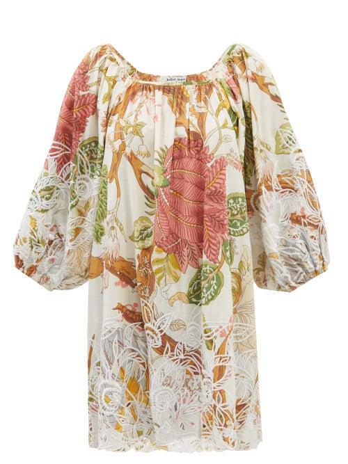 Juliet Dunn - Embroidered Floral-print Cotton-voile Mini Dress - Womens - Cream Print