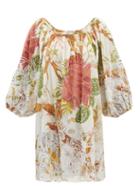 Juliet Dunn - Embroidered Floral-print Cotton-voile Mini Dress - Womens - Cream Print