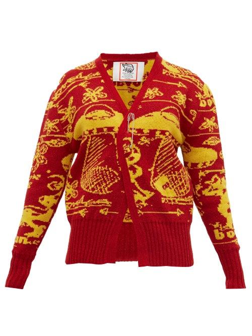 Matchesfashion.com Matty Bovan - Tucked-hem Ufo-jacquard Cardigan - Womens - Red Multi