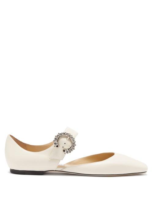 Matchesfashion.com Jimmy Choo - Gin Crystal-embellished Mary-jane Leather Flats - Womens - Cream