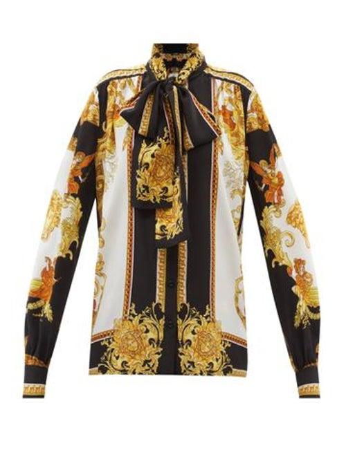 Versace - Pussybow Baroque-print Silk-crepe Shirt - Womens - Yellow Multi