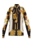 Versace - Pussybow Baroque-print Silk-crepe Shirt - Womens - Yellow Multi