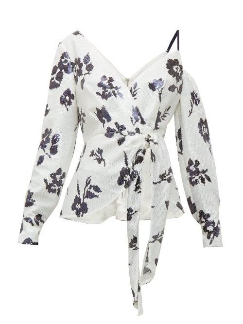 Matchesfashion.com Self-portrait - Floral Sequinned Asymmetric Blouse - Womens - Cream Navy