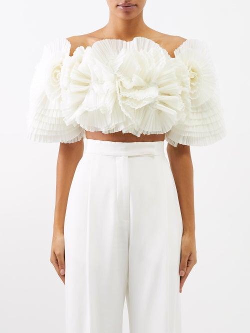 Aje - Off-the-shoulder Pleated Organza Top - Womens - Ivory