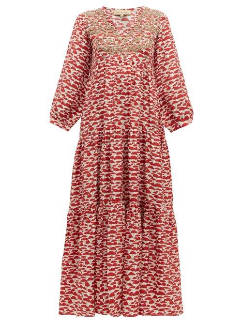 Matchesfashion.com Muzungu Sisters - Frangipani Embroidered Mushroom Print Silk Dress - Womens - Red Multi