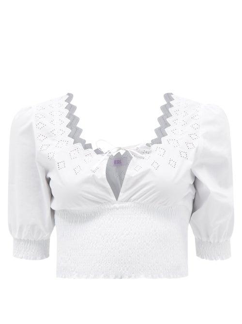 Erl - Tie-front Smocked Cotton Cropped Top - Womens - White