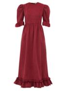 Matchesfashion.com Batsheva - Puff Sleeve Cotton Corduroy Dress - Womens - Burgundy