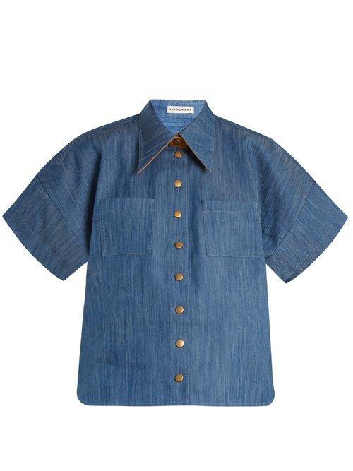 Matchesfashion.com Vika Gazinskaya - Short Sleeved Box Cut Denim Shirt - Womens - Mid Blue