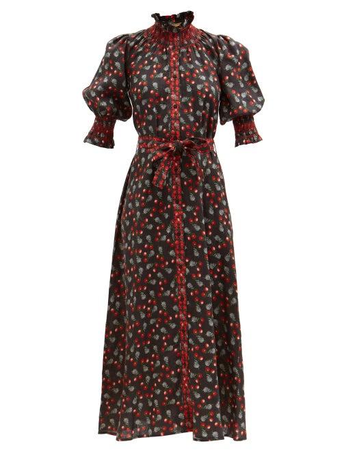 Muzungu Sisters - Alexia Ruffled Snail-print Linen Dress - Womens - Black Print
