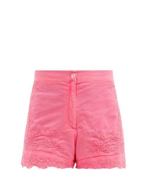 Matchesfashion.com Juliet Dunn - Floral-embroidered High-rise Cotton Shorts - Womens - Pink