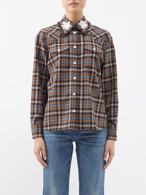 Alessandra Rich - Floral-appliqu Checked Wool Shirt - Womens - Brown Multi