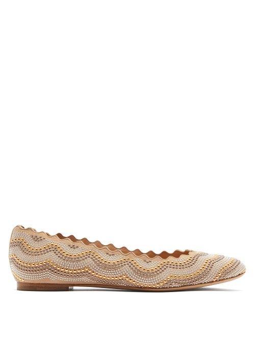Matchesfashion.com Chlo - Lauren Studded Scallop Edge Leather Flats - Womens - Beige Multi