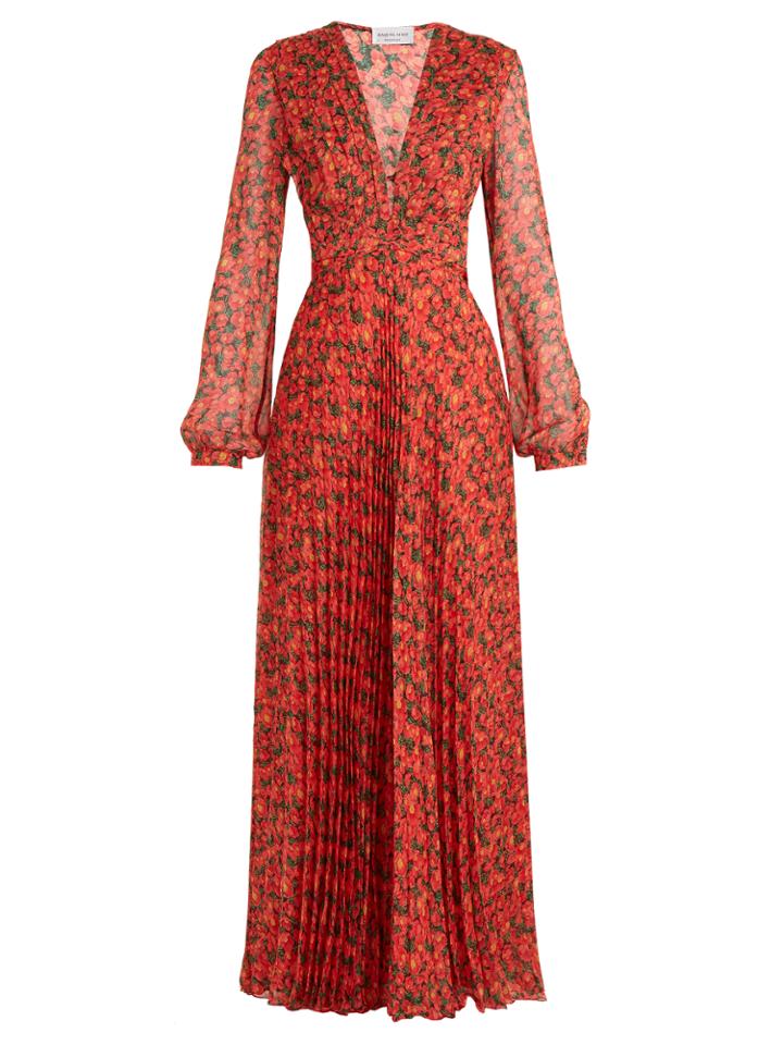 Raquel Diniz Olivia Floral-print Pleated Silk-georgette Gown
