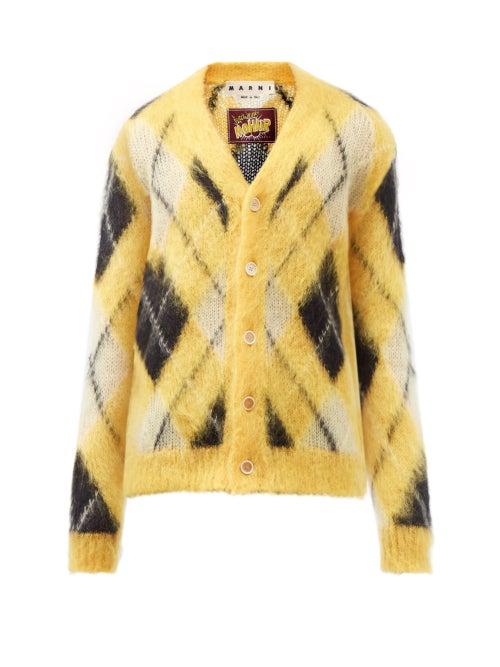 Marni - Argyle-intarsia Mohair-blend Cardigan - Mens - Yellow Multi