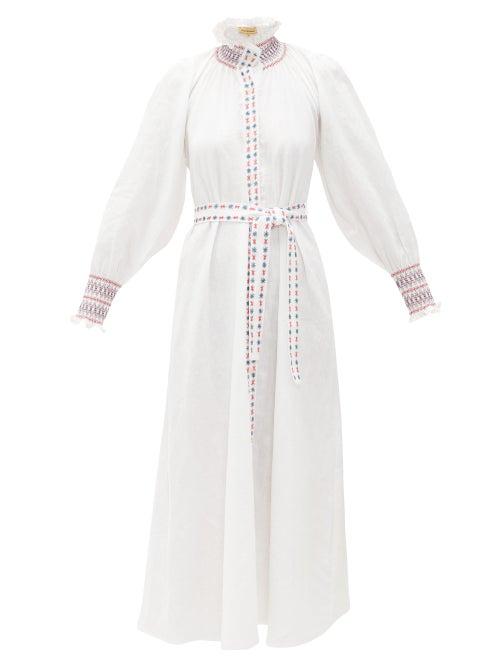 Matchesfashion.com Muzungu Sisters - Alice Embroidered Belted Linen Shirt Dress - Womens - White