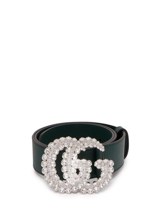Matchesfashion.com Gucci - Gg Crystal Embellished Leather Belt - Womens - Dark Green