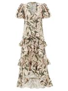 Matchesfashion.com Adriana Degreas - Lily Of The Valley-print Ruffled Linen-blend Dress - Womens - Green Print