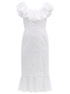 Matchesfashion.com Saloni - Ella Ruffled Cotton Broderie Anglaise Midi Dress - Womens - White