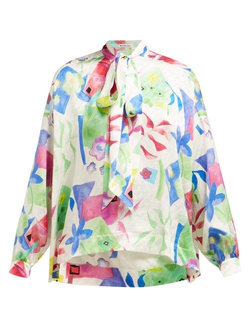 Matchesfashion.com Balenciaga - Floral Print Logo Jacquard Silk Blouse - Womens - White Multi