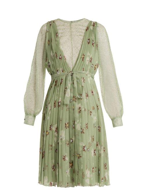 Matchesfashion.com Valentino - Floral Print Lace Trimmed Silk Chiffon Dress - Womens - Green Print
