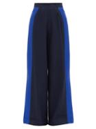 Matchesfashion.com Taller Marmo - Palm Beach Satin-panel Crepe Wide-leg Trousers - Womens - Blue