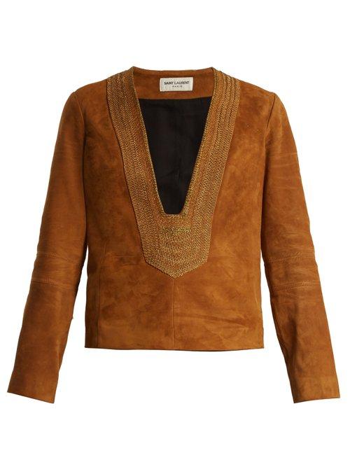 Matchesfashion.com Saint Laurent - Embroidered Suede Top - Womens - Brown
