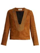 Matchesfashion.com Saint Laurent - Embroidered Suede Top - Womens - Brown