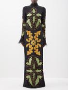 Johanna Ortiz - Uzbek Appliqu Feather-trim Silk Maxi Dress - Womens - Black Multi