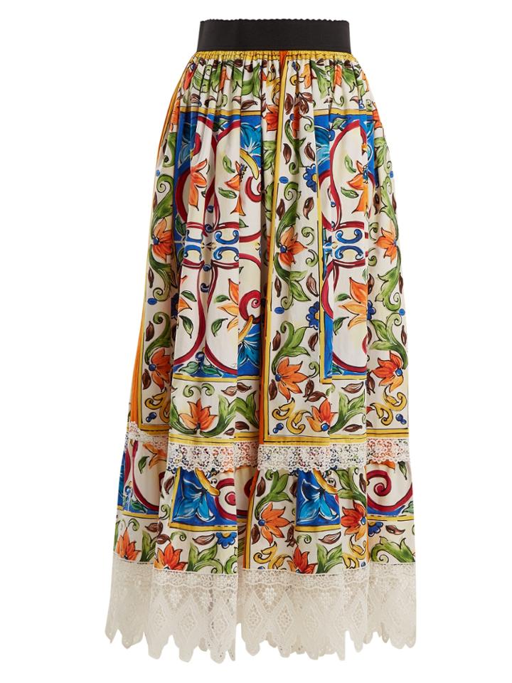Dolce & Gabbana Majolica-print Lace-trimmed Cotton-blend Skirt