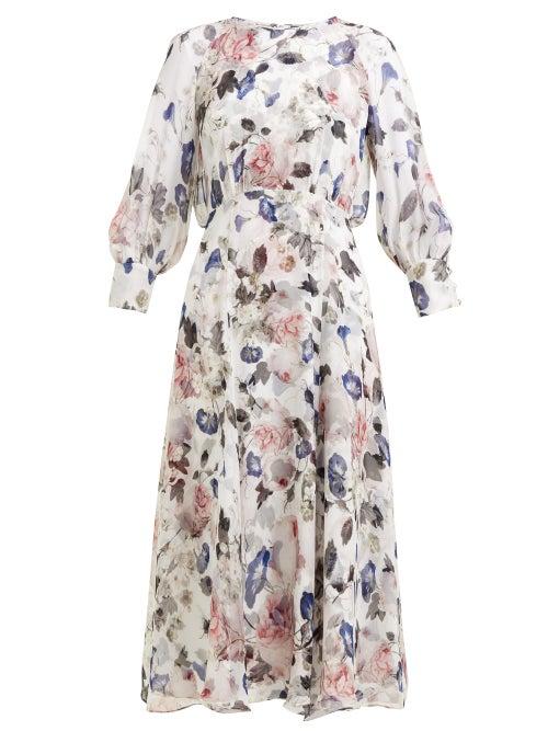 Matchesfashion.com Erdem - Yusra Apsley Print Silk Chiffon Dress - Womens - White Print