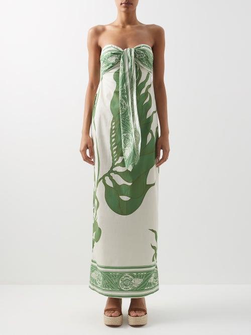 Johanna Ortiz - Seagrass Bandeau Cotton-voile Maxi Dress - Womens - Green Print