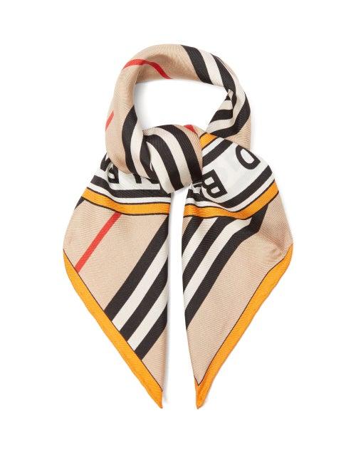 Burberry - Icon-stripe Logo-print Silk Scarf - Womens - Beige