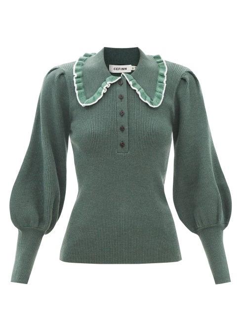 Cefinn - Tallulah Ruffled-collar Wool-blend Sweater - Womens - Green