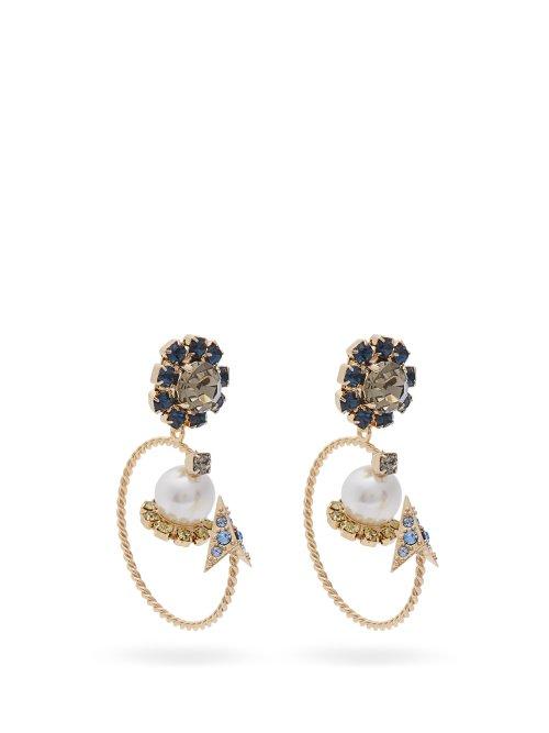 Matchesfashion.com Erdem - Crystal And Pearl Embellished Hoop Drop Earrings - Womens - Blue