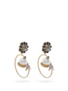 Matchesfashion.com Erdem - Crystal And Pearl Embellished Hoop Drop Earrings - Womens - Blue