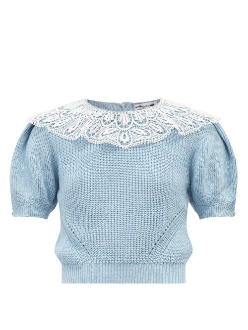 Matchesfashion.com Self-portrait - Lace-trimmed Crystal-embellished Sweater - Womens - Light Blue