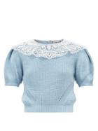 Matchesfashion.com Self-portrait - Lace-trimmed Crystal-embellished Sweater - Womens - Light Blue