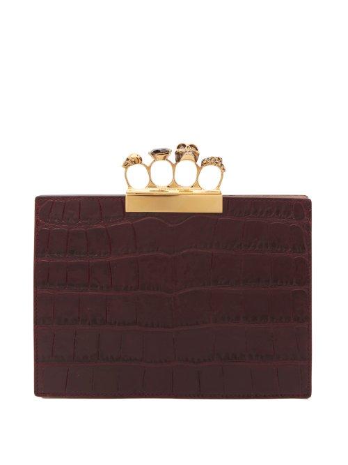 Matchesfashion.com Alexander Mcqueen - Knuckle Crocodile Effect Leather Clutch - Womens - Burgundy
