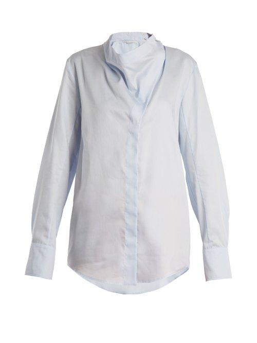 Matchesfashion.com Stella Mccartney - Draped Neck Cotton Poplin Shirt - Womens - Light Blue