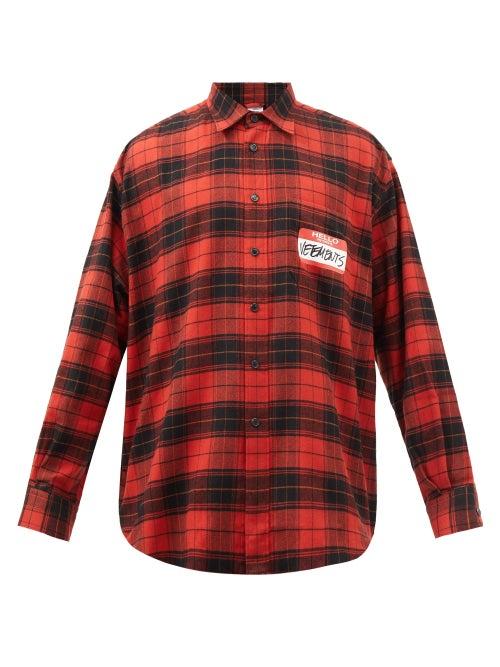 Vetements - Logo-print Checked Cotton-flannel Shirt - Mens - Red