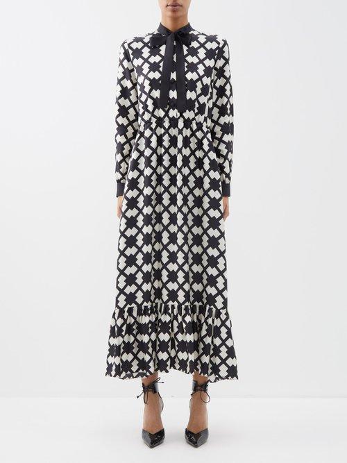 Gucci - Rhombus Tile-print Silk-twill Maxi Dress - Womens - Black White