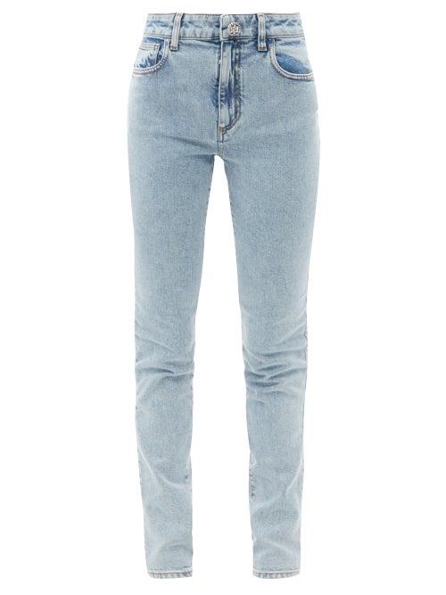 Matchesfashion.com Alessandra Rich - Crystal-button High-rise Acid-washed Denim Jeans - Womens - Light Blue