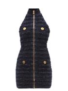 Balmain - High-neck Sleeveless Tweed Mini Dress - Womens - Navy
