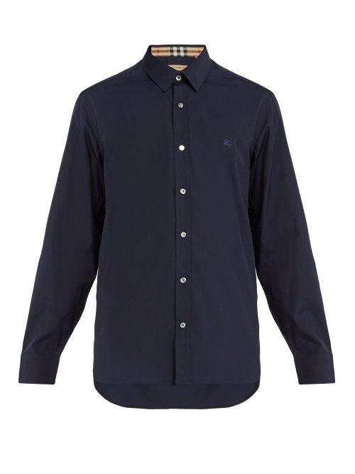 Matchesfashion.com Burberry - William Logo Embroidered Stretch Cotton Shirt - Mens - Navy