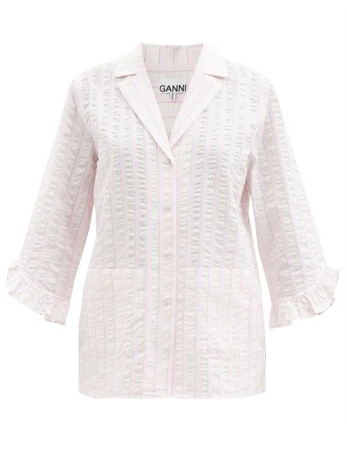 Ganni - Striped Organic-cotton Seersucker Pyjama Shirt - Womens - Pink Stripe