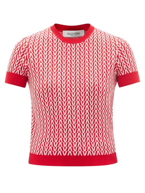 Ladies Rtw Valentino - V-jacquard Wool-blend Sweater - Womens - Red