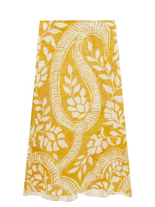 Johanna Ortiz - Curcuma Floral-print Linen Midi Skirt - Womens - Yellow Multi