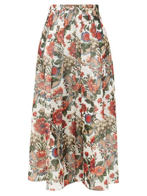 Matchesfashion.com Brock Collection - Sonia Pleated Floral-print Taffeta Midi Skirt - Womens - Red Multi