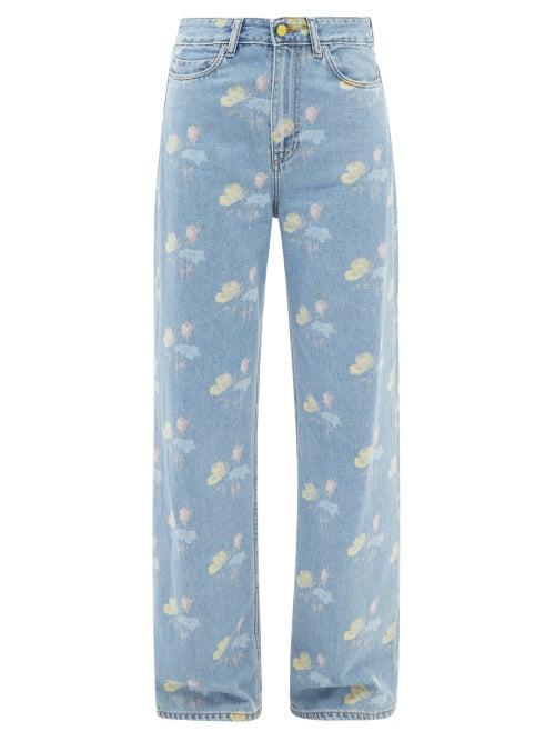 Ganni - High-rise Floral-print Wide-leg Jeans - Womens - Light Denim